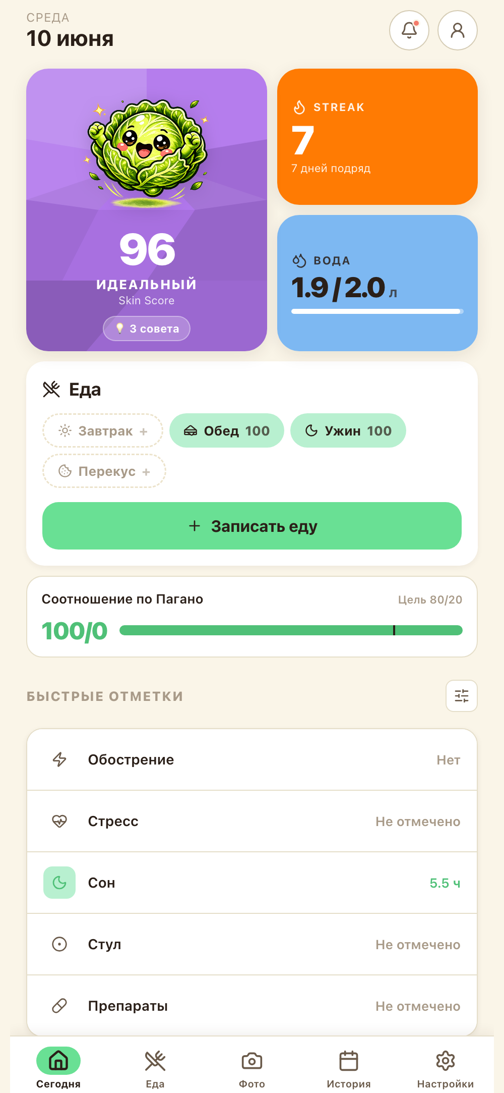 Экран приложения MySkinly «Сегодня»: Skin Score 96, стрик 7 дней, вода 1.9/2.0 л, еда и быстрые отметки